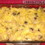 vegan, gluten free cheesy pasta with broccoli and mushrooms