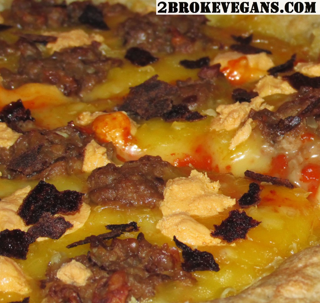 Vegan Ground Beef on Vegan Bacon Cheeseburger Pizza