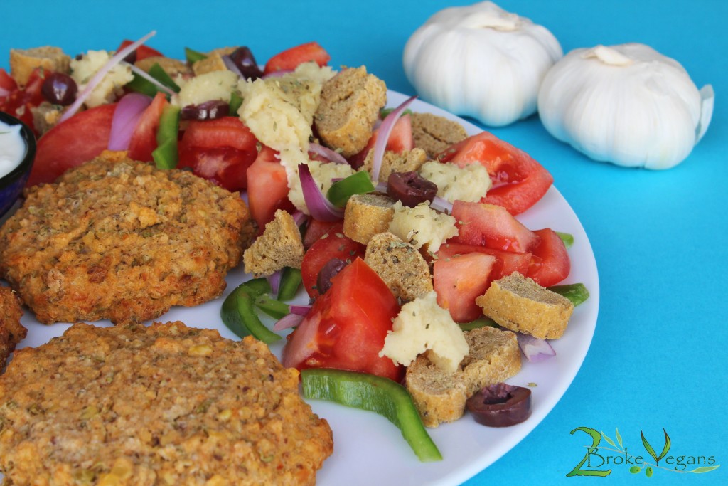 Mung Bean Patties with Greek Horiatiki salad. Vegan Recipe!