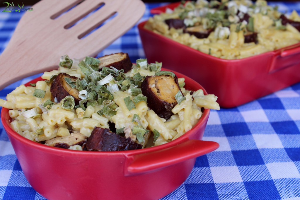 Vegan Smoked Mac and Cheese GF made with tofu vegan hot dogs. Quick and Easy Macaroni and Cheese!